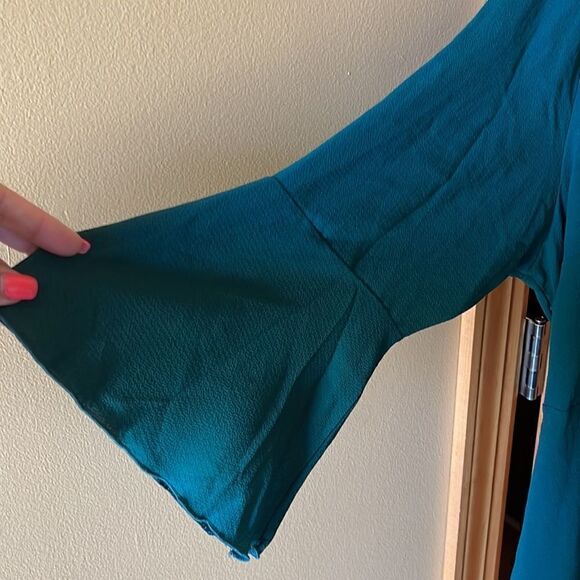 Green Wrap Dress with Bell Sleeve - Picture 2 of 6